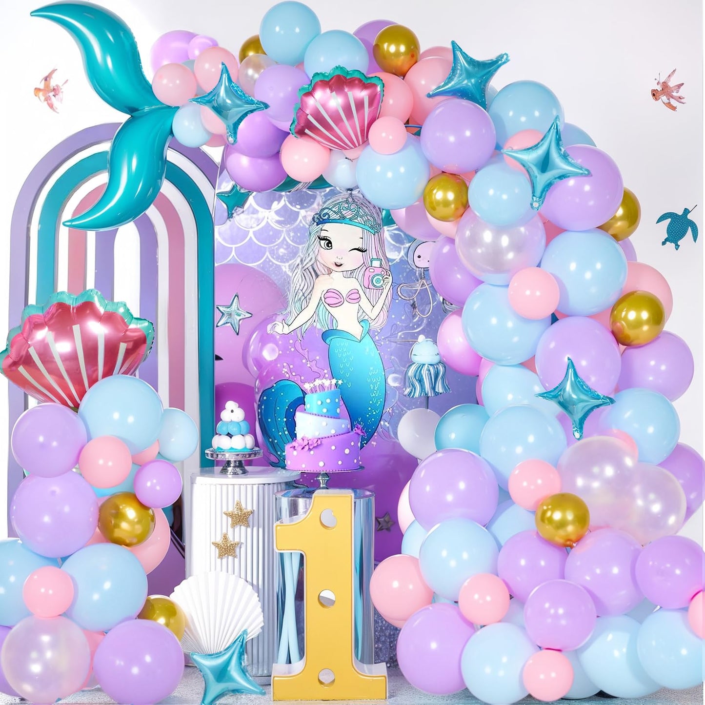 AGPTEK 109PCS Mermaid Balloon Garland Kit, Pastel Pink Purple Teal Blue Balloons with Mermaid Tail, Shell, and Star Foil Balloons, Perfect for Mermaid Birthday Party, Ocean-Themed Party Decorations