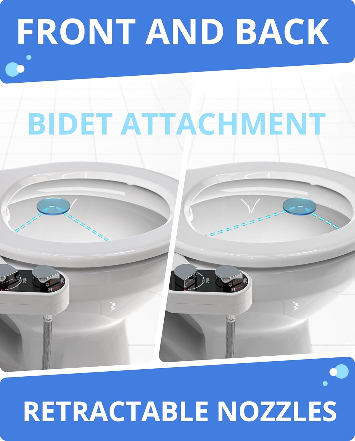 Non-Electric CLEAR REAR Bidet Attachment for Toilet - Self-Cleaning Dual Nozzle, Adjustable Pressure, White