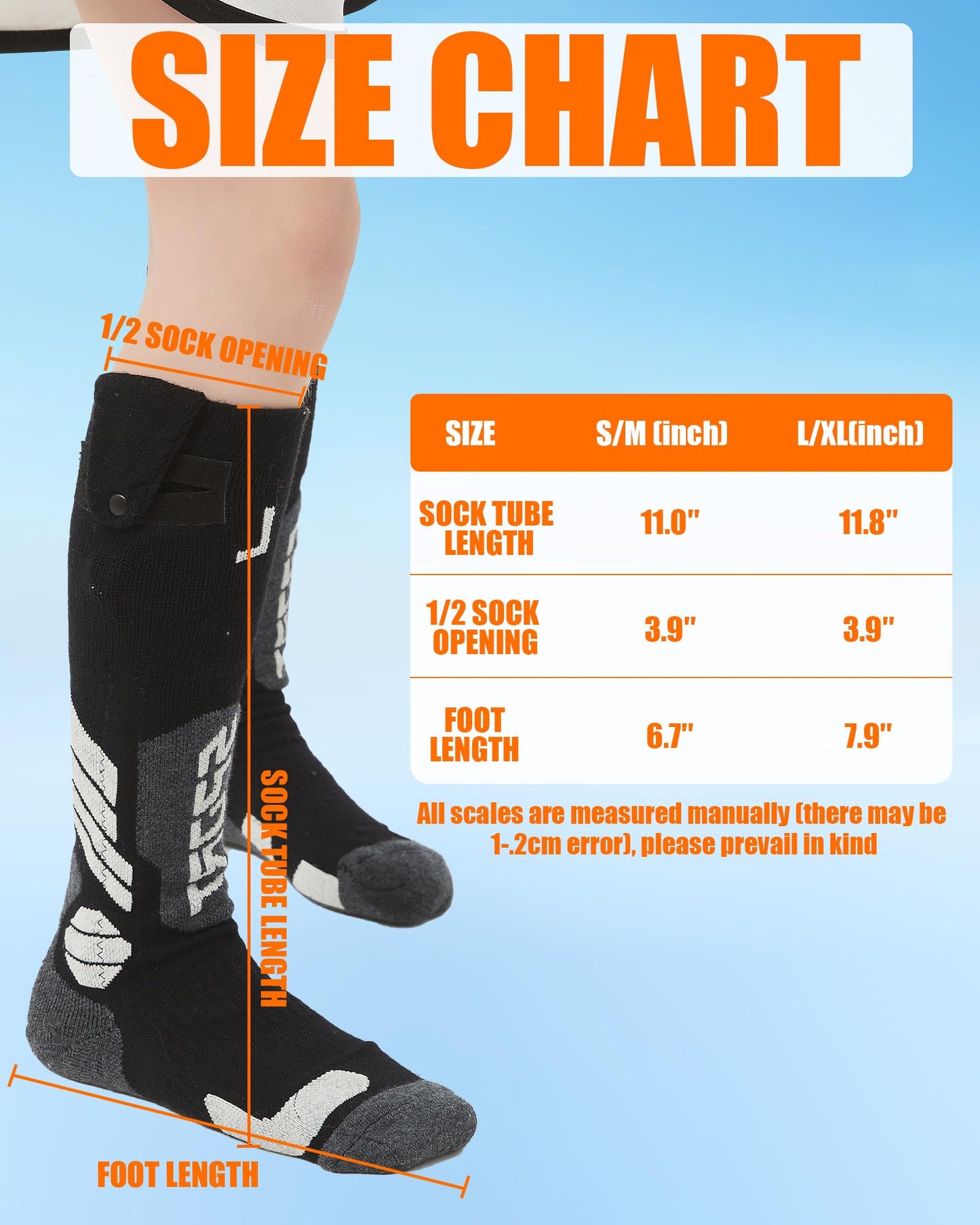 Kids Heated Socks - Boys and Girls Electric Heating Wool Knee High Skiing Socks, 5000mAh Battery Pack (Black, S/M)