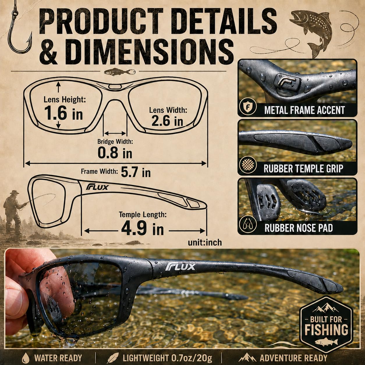 Flux Sportech Polarized Fishing Sunglasses for Men and Women, Anti Glare TR-90 Wrap Frame, UV400, Fly Fishing, Kayak
