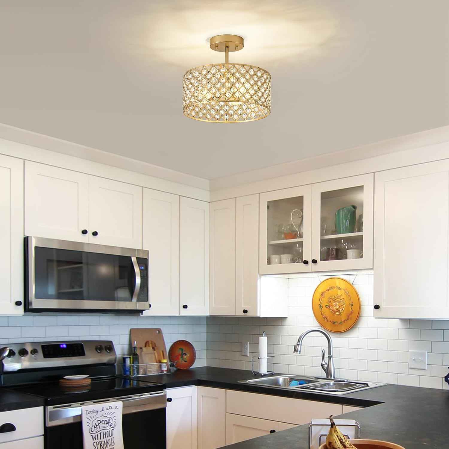 Modern Black Crystal Semi Flush Mount Ceiling Light Fixture - 11.2" Round Chandelier for Dining Room, Hallway, Kitchen & Bedroom
