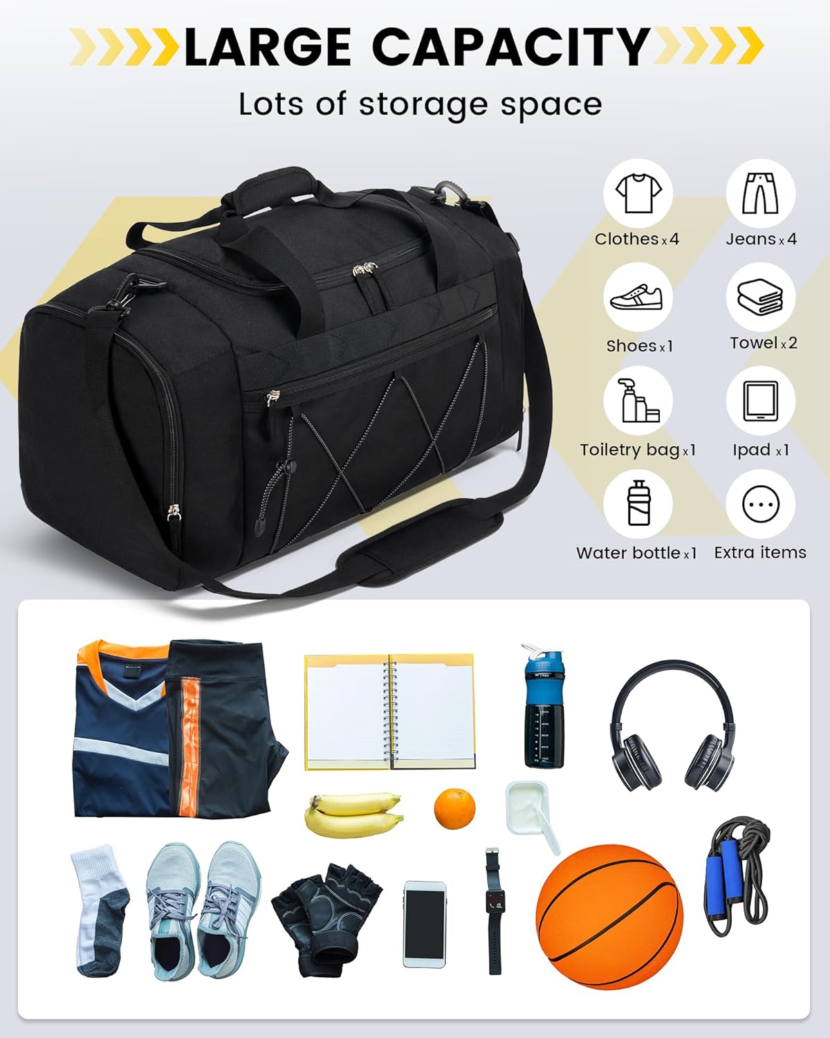 Vorspack Gym Bag for Men - 21-Inch Water-Resistant Duffle with Shoe Compartment | Black Travel Bag