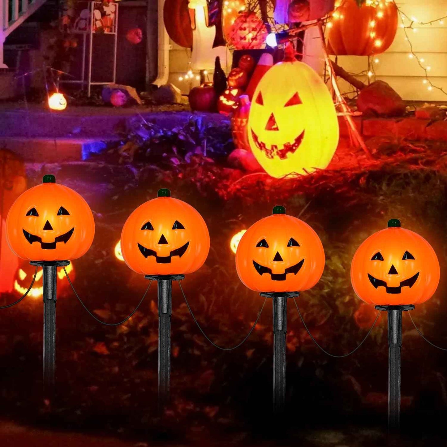 7Ft Halloween Pathway Lights Pumpkin Walkway Lights Markers Lights Plug in Waterproof with 4 Pack LED Pumpkin Path Lights, for Halloween Decorations Outdoor Yard Path Camping Lighting Decor, 0.6W
