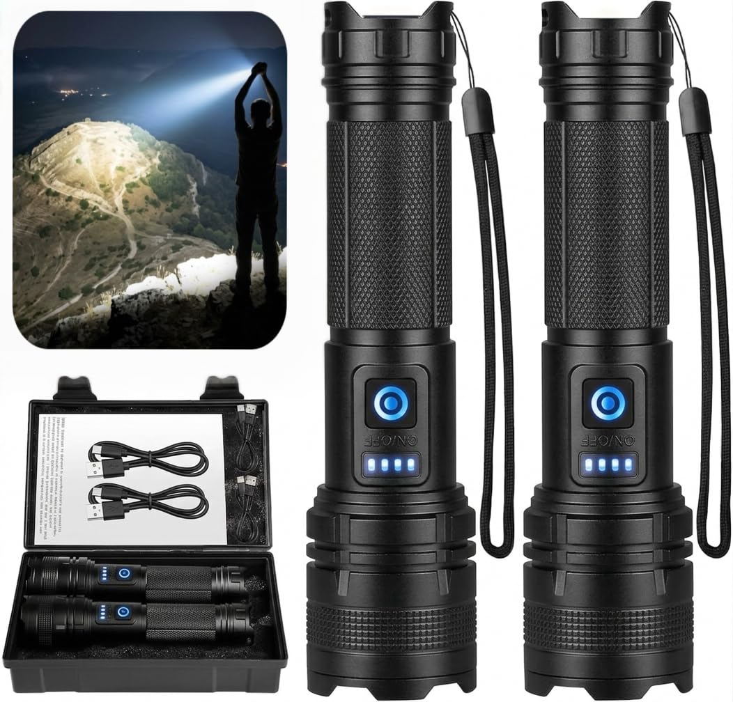THY TRY Rechargeable LED Flashlight 2-Pack, 90000 High Lumens Super Bright Handheld Flashlights, 5 Modes & Adjustable Focus, High Powered Handheld Flashlight for Home Camping Outdoor Night Work