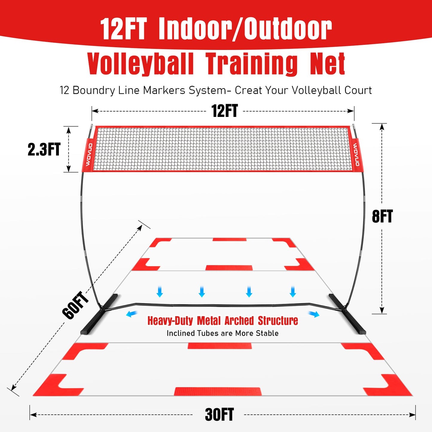 12Ft Beach Volleyball Net for Backyard, Portable Net Set, Freestanding Volleyball Training Equipment with Pump, Bag, Sports Game for Outdoor Indoor, Height Adjustable