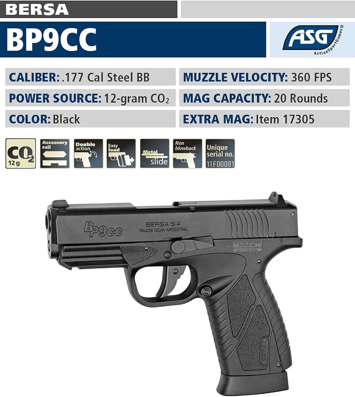 ASG BERSA BP9CC .177 Caliber Steel BB Gun Pistol - Non-Blowback Design for Precision Shooting