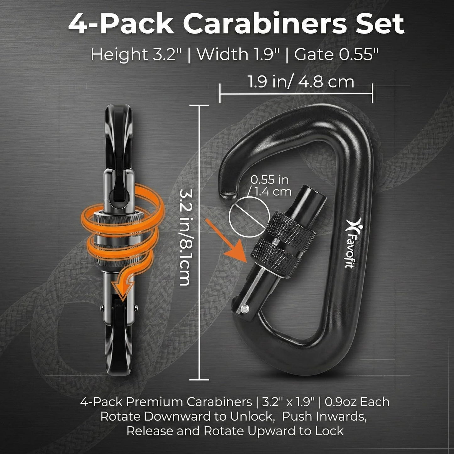 12kN Heavy Duty Carabiner Clips - Favofit Ultralight Screw-Lock Locking Carabiner for Keychain Clip Key Ring Hammock & Dog Leash - Snag-Free D Ring Carabiners for Camping & Gym