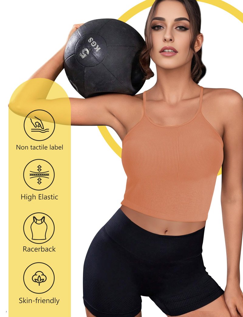 Ribbed Tank Top for Women 2025, Seamless Racerback Workout Tops, Basic Sports Camisole Tops, Crop Tops for Yoga Sports Going Out Orange S (Long Crop)