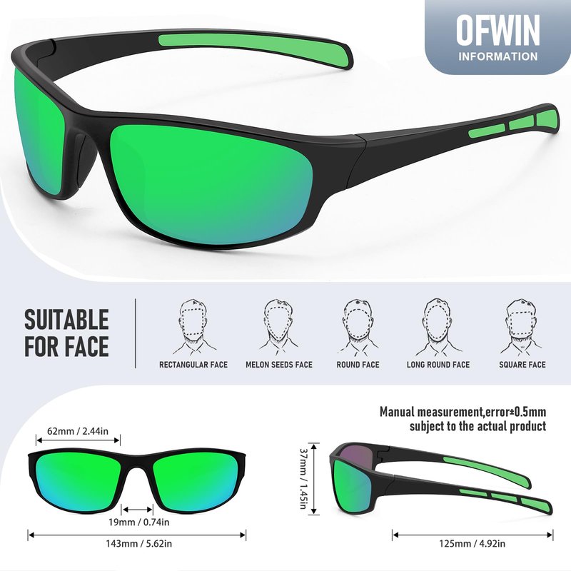 Ofwin Sports Polarized Sunglasses for Men Women Wrap Around Sun Glasses Fishing Cycling Driving Running UV Protection Green Mirrored