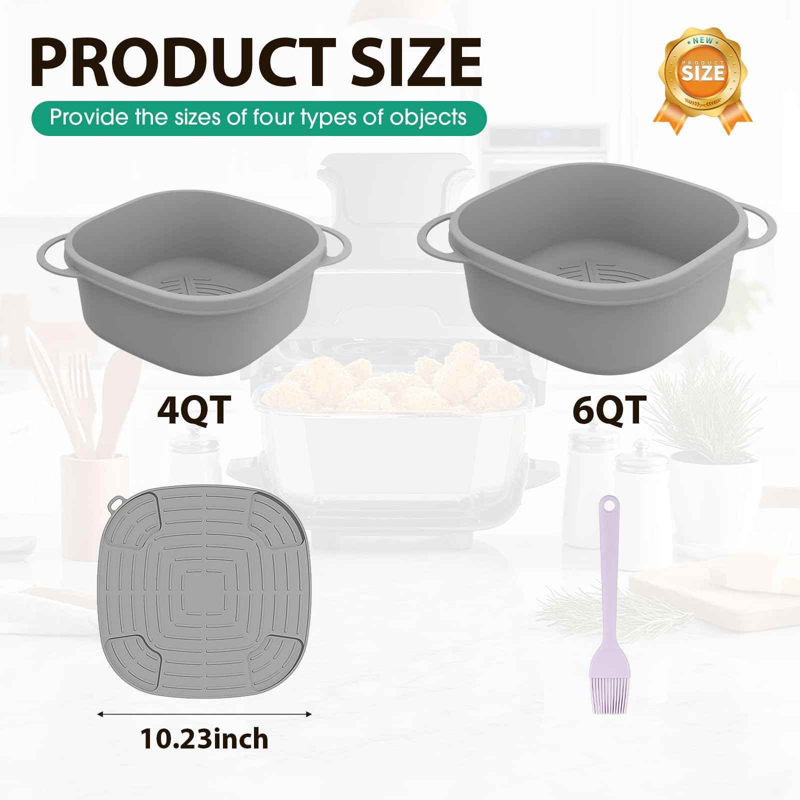Snuggery FN101GY Silicone Air Fryer Liners for Ninja Crispi Glass Basket – Full-Coverage 4QT 6QT Reusable Nonstick Dishwasher Safe Mat,with Heat Mat and Oil Brush for Mess-Free Cooking