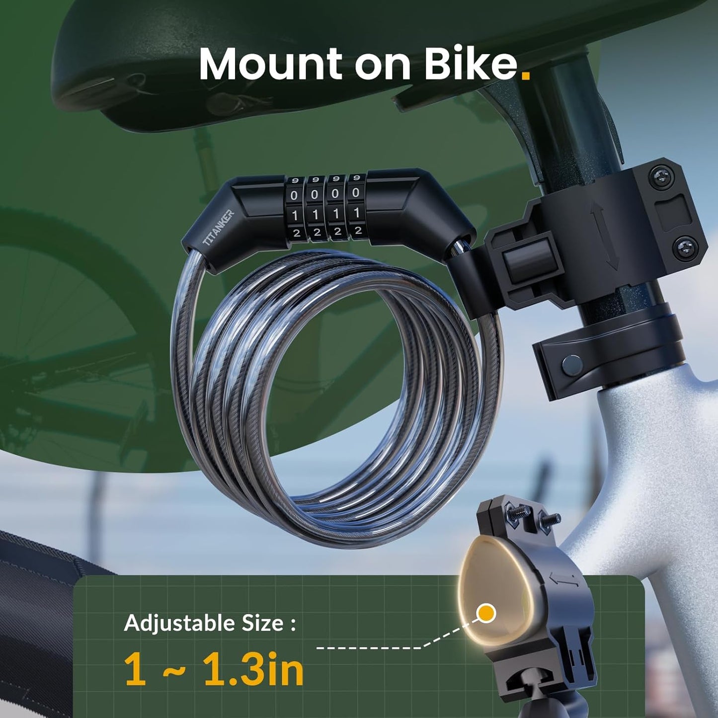 Titanker Bike Lock Cable - 4 Feet Self-Coiling Combination Lock for Kids | Black, 5/16 Inch Diameter
