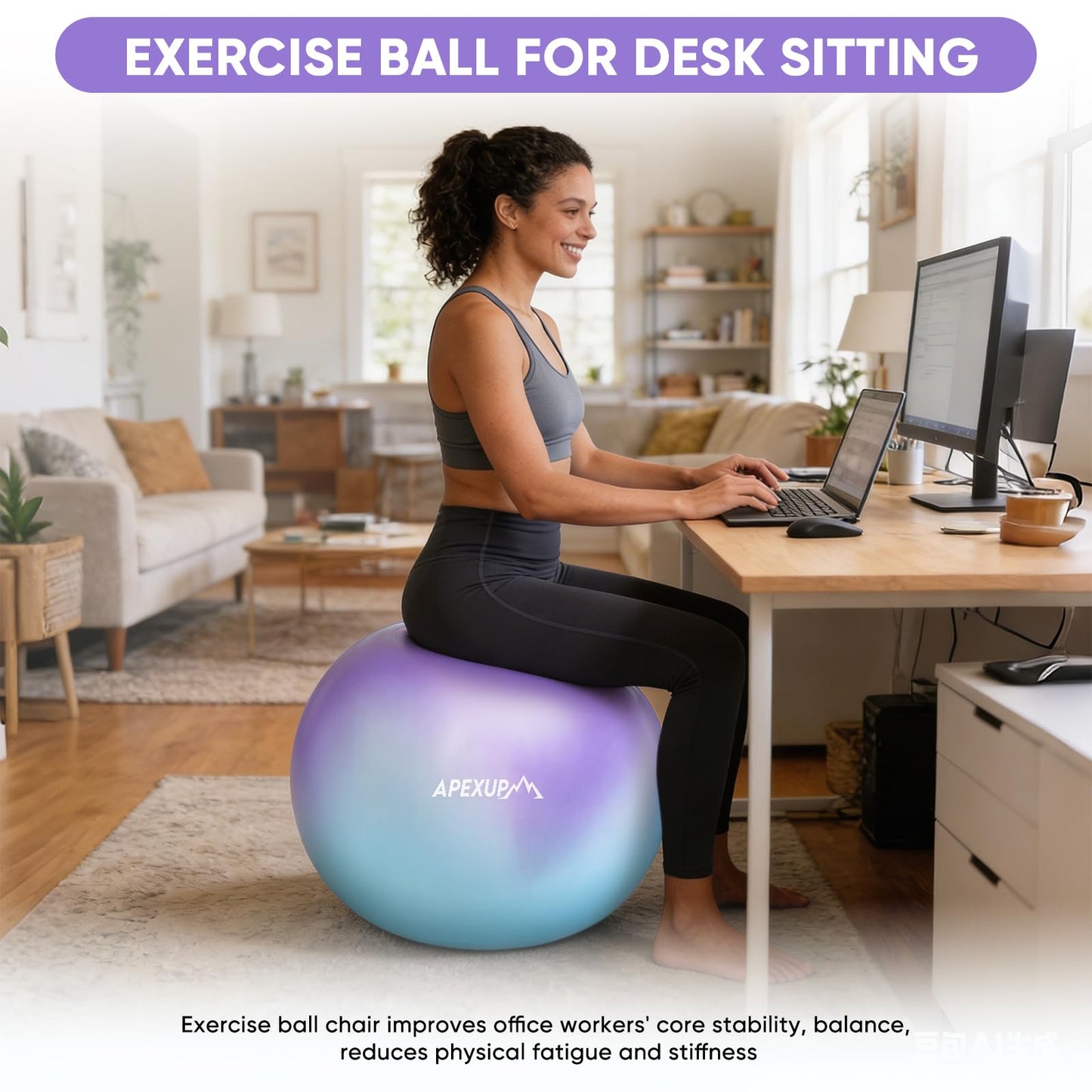 APEXUP Yoga Ball, 660 lbs Anti-Burst Exercise Ball with Pump, 5 Sizes (L(23"~26") 65cm, Blue Purple)