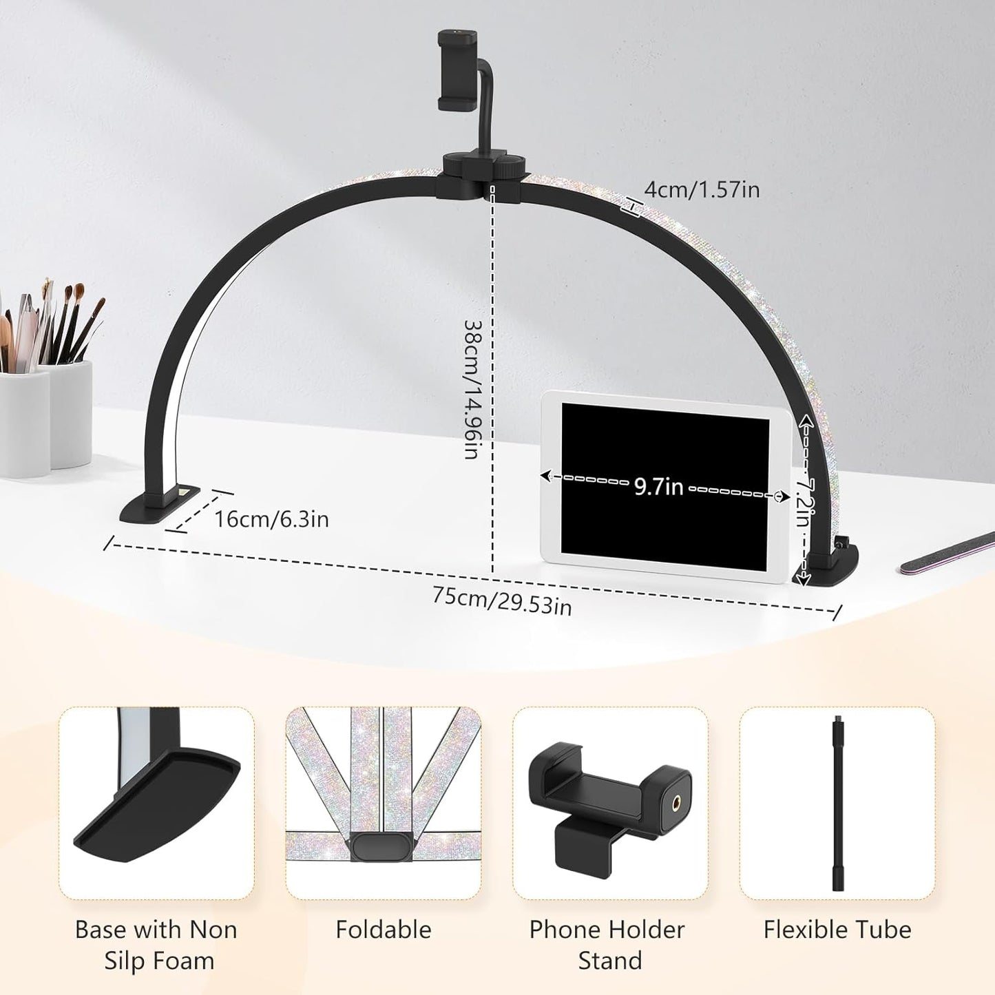 Yokilly Foldable Half Moon Nail Desk Lamp with Phone Holder - 3 Color Modes & 10 Brightness Levels for Manicure Salon