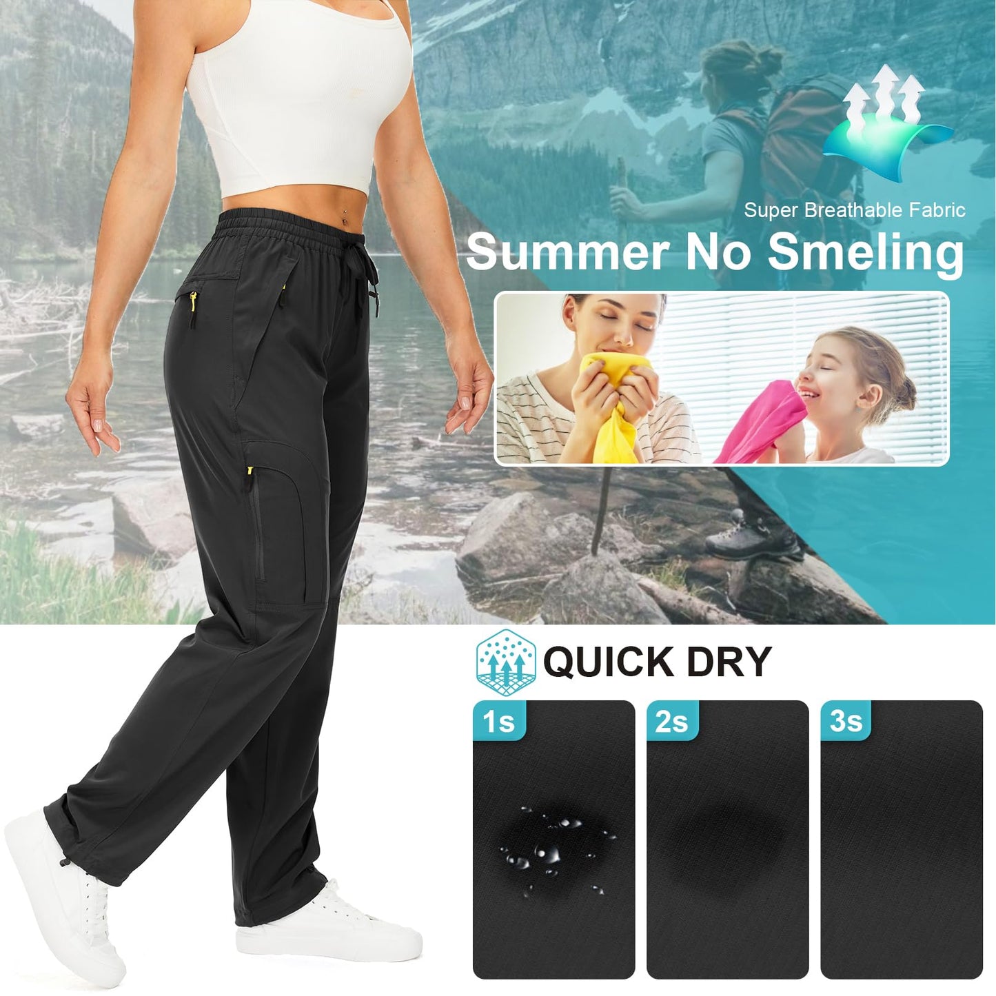 Womens Hiking Pants Quick Dry UPF 50 Lightweight Travel Golf Cargo Safari Pants Zipper Pockets,6608,Black,Tall XL
