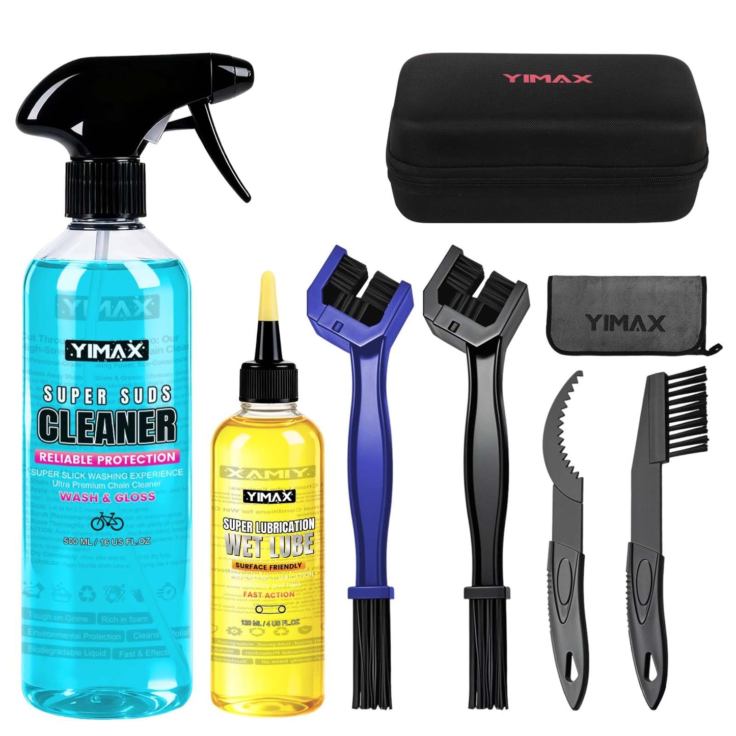 YIMAX Bike Cleaner, 500ML - Fast-Action, Biodegradable Bicycle Cleaning Spray 120ml Chain Lube Brushes And Sponge 8 In 1 Bicycle Cleaning Kit Safe on All Surfaces and Suitable for All Types of Bike.
