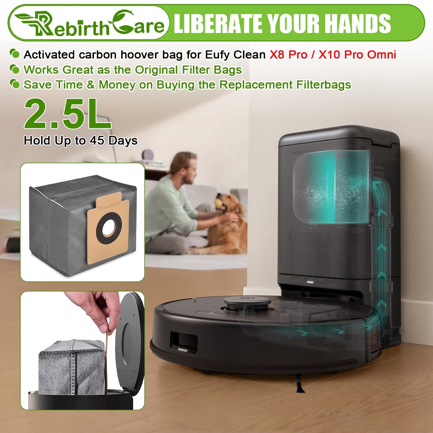 Rebirthcare 12 Pack X8 Pro Dust Bag Compatible with Eufy Clean X8 Pro X10 Pro Omni Robot Vacuum Self-empty Station 2.5L Large Capacity Replacement Bag