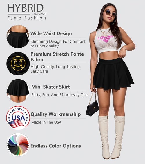 Hybrid & Company Women's Mini Skate Skirt - Stretchy Flared Design in Casual Nylon