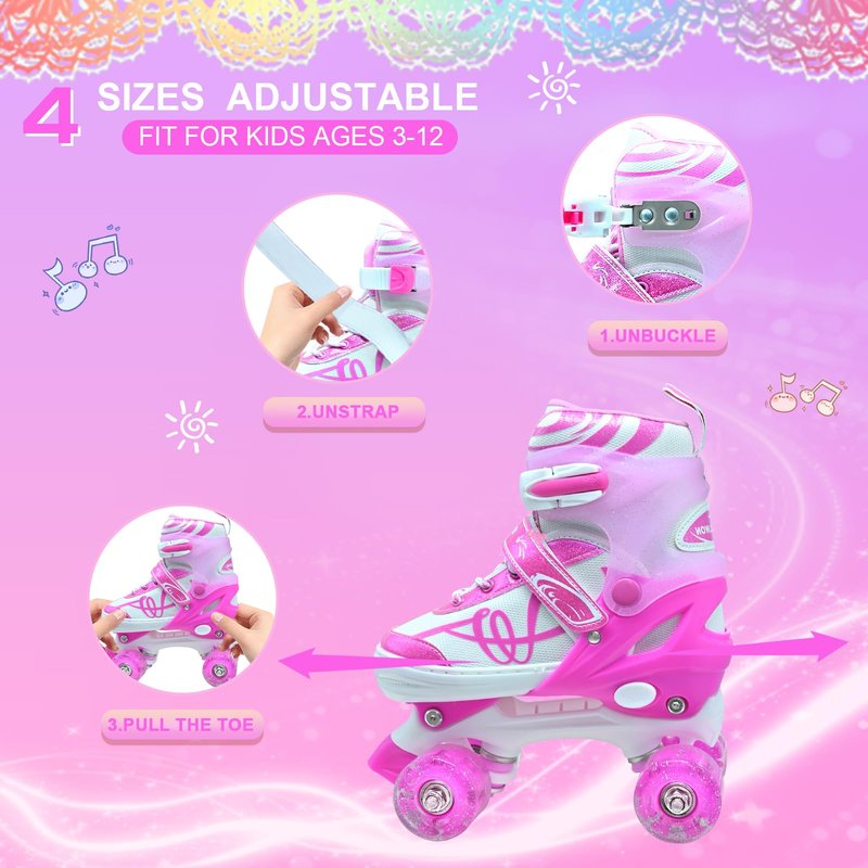Kids Roller Skates for Girls Boys with Glitter Details-SMOOJOY Outdoor Musical Design Roller Skates with Light Up Wheels, Adjustable Rollerskates for Kids Ages 3-12 Birthday Gift patines para niñas