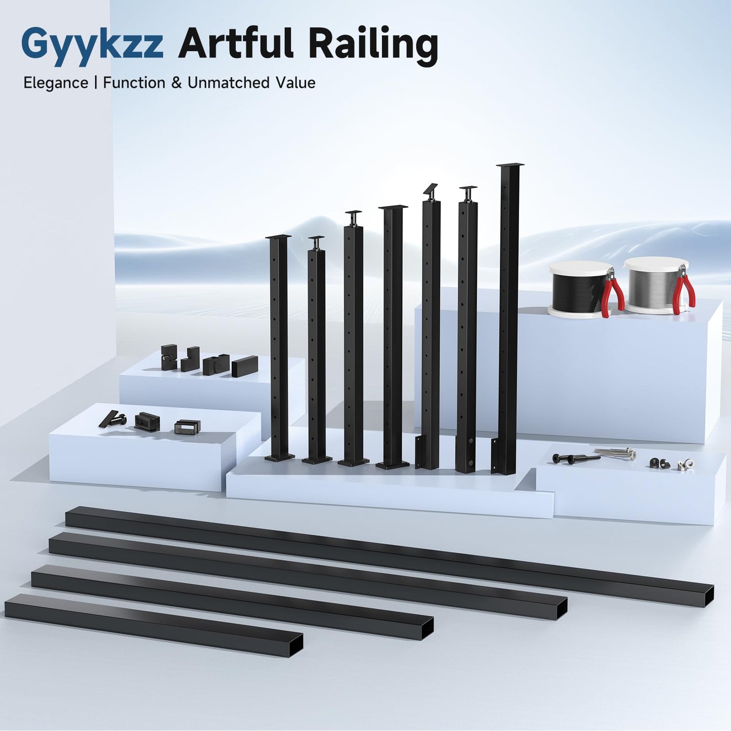 Gyykzz 6'6" Stainless Steel T304 Handrail Black with Metal End Caps, 1 Pack Rectangular Cable Railing Handrail Flat Deck Top Rail for Indoor Outdoor Deck Stair Cable Railing System