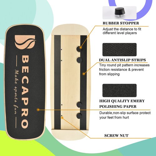 BECAPRO Balance Board Trainer, Wooden Balance Board with Adjustable Stoppers -3 Different Distance Options-Balance Exercise Equipment for Fitness Work