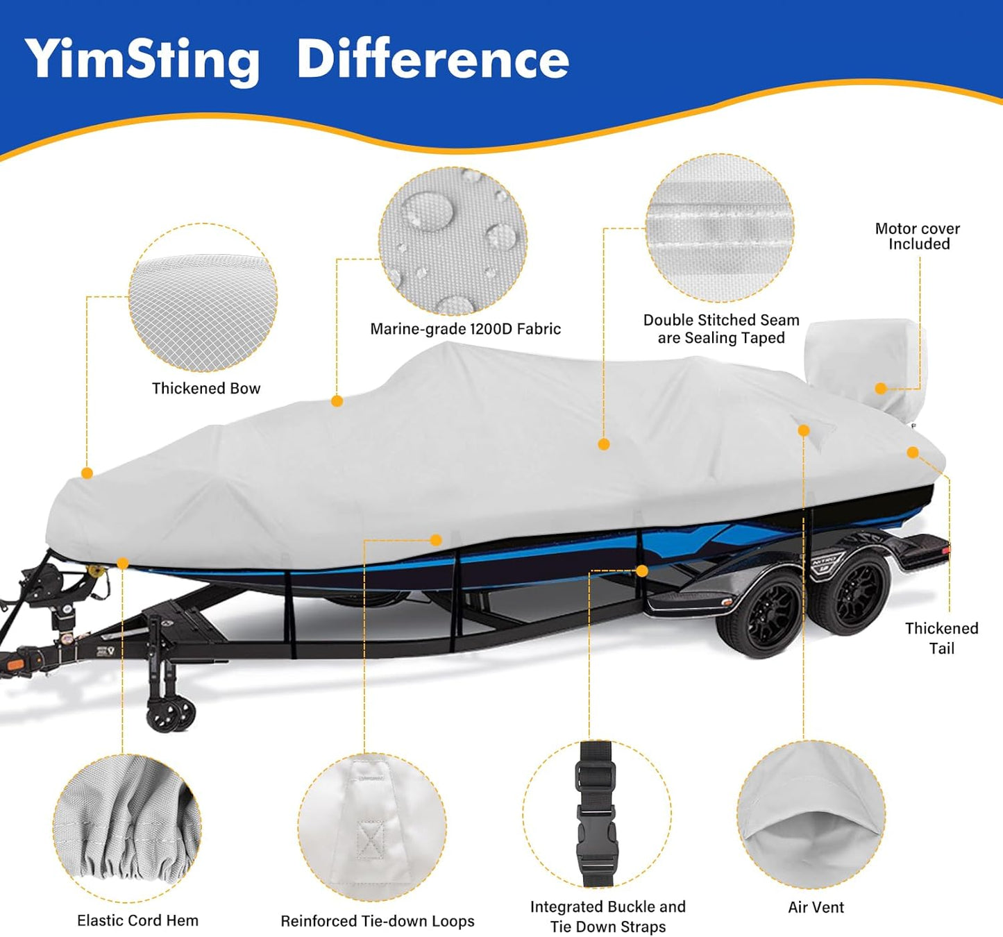 1200D Waterproof Boat Cover - Heavy Duty Gray Canvas for 16' to 18.5' Bass, V-Hull, Tri-Hull & Bowrider Boats