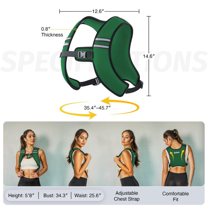 ZELUS Weighted Vest, Washable Z-Fit Soft Iron Weighted Vest for Women and Men, 5/10/15 lb Weight Vest with Reflective Strips & Adjustable Straps, Ultra Thin Weight Vest for Gym Strength Training (15lb) Green