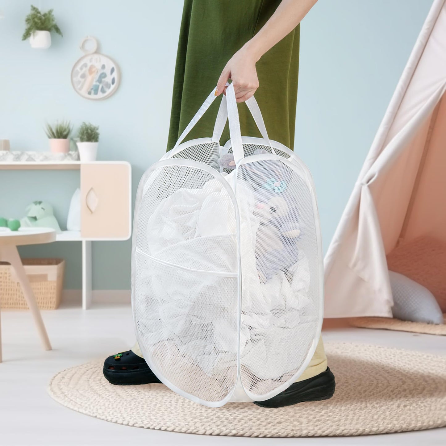 2 Pack Laundry Basket,Foldable Mesh Pop-up Laundry Hamper with Durable Handle,Easy to Open and Fold for Dorm, Laundry Room, Bedroom, RV… (White+Black)