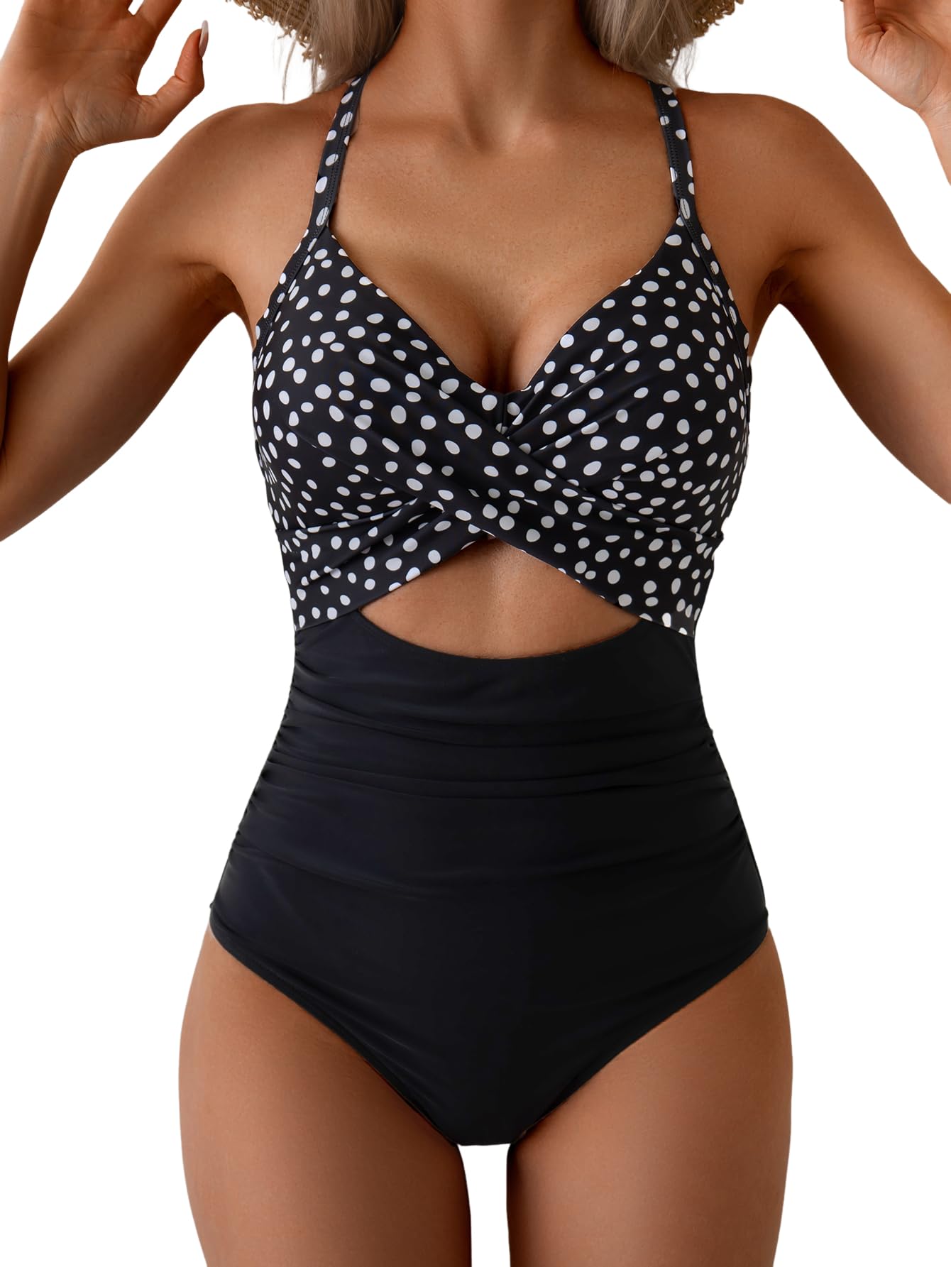 Eomenie Women's One Piece Swimsuits Tummy Control Cutout High Waisted Bathing Suit Wrap Tie Back 1 Piece Swimsuit Blue Floral Print