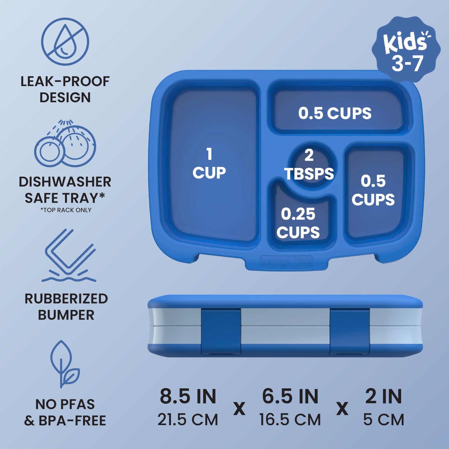 Bentgo Kids Bento-Style 5-Compartment Leak-Proof Lunch Box - Just-Right Portions for Ages 3 to 7, Durable, Drop-Proof, Dishwasher Safe, PFAS & BPA-Free & Made with Food-Safe Materials (Blue)