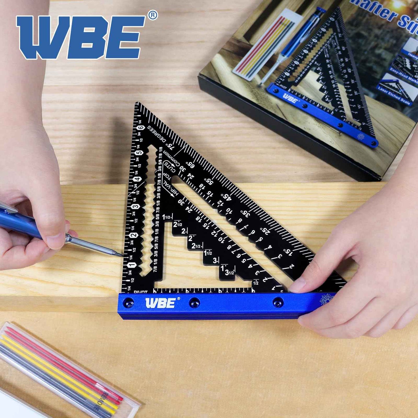 7inch Rafter Square with Carpenter Pencil, 1/8" Precision Heavy Duty Aluminum Woodworking Rule,Laser Etched Scale, Triangle-Ruler Measuring Layout Tool -Blue (Blue & Black)