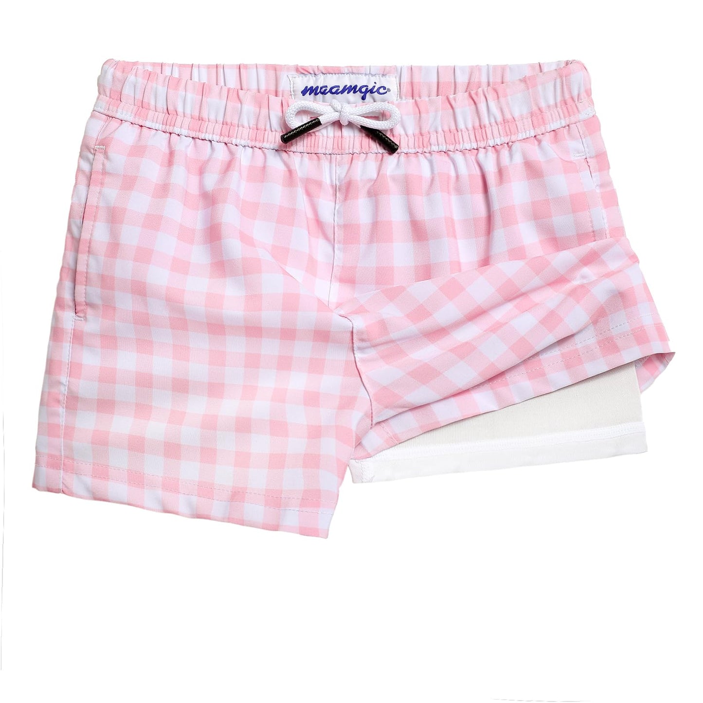 maamgic Boys Swim Trunks with Compression Liner Toddler Stretch Swim Shorts Quick Dry Swimming Trunks Boxer Brief 2 in 1 Beach Shorts Pink Gingham 14/16