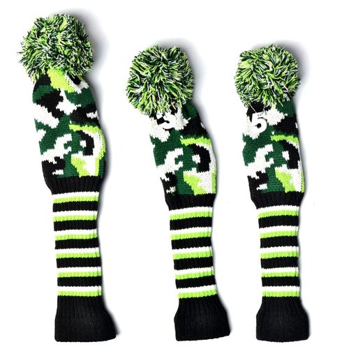 GOOACTION 3PCS Knitted Golf Head Covers 1-3-5 for Driver and Fairway Woods with Long Neck Design Camouflage Army Green Sock Pom Pom Camo Vintage Golf Club Head Covers Set