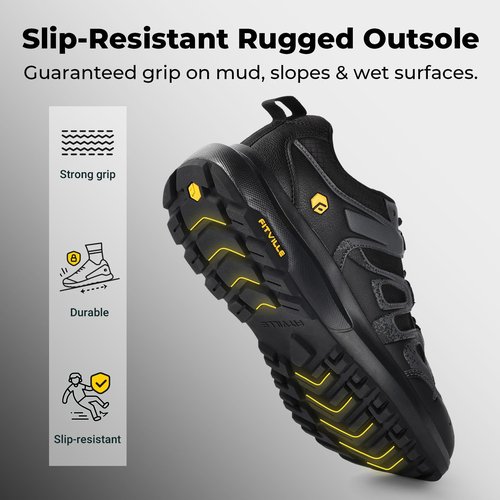 FitVille Men's Wide Hiking Shoes Water Repellent Trekking Trails Outdoor Sneakers Cushioned Lightweight Walking Running Shoes with Arch Support Black