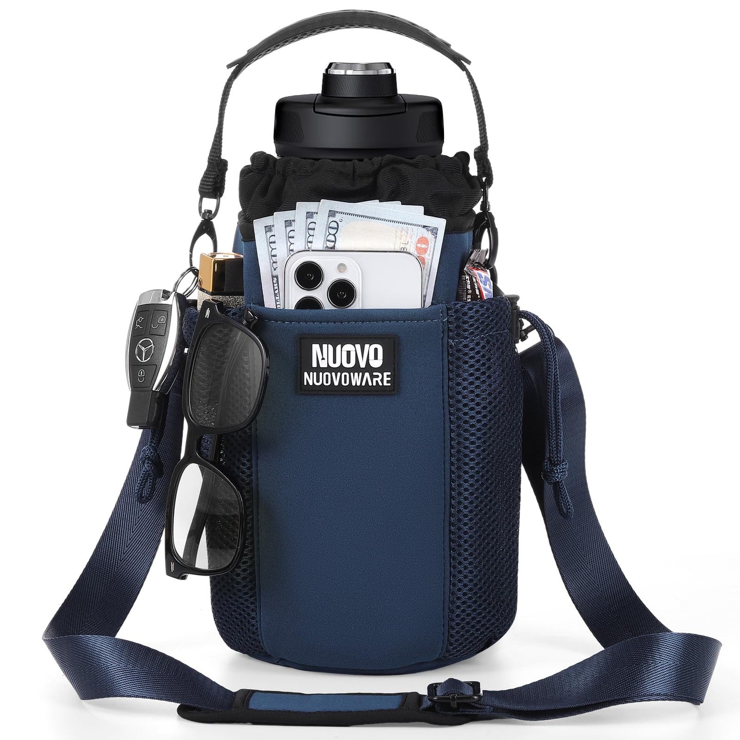 Nuovoware Water Bottle Carrier Bag, 64OZ Insulated Water Bottle Holder with Strap 4 Pockets, Water Bottle Carrier Sling Bag for Walking Hiking Camping Fishing Sport, Blue