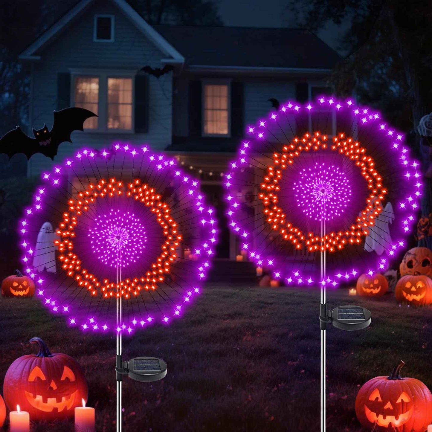 2 Pack Solar Halloween Lights Outdoor, 360 LED Orange & Purple Waterproof Solar Firework Lights with 8 Lighting Modes & Timer for Garden Yard Patio Pathway Spooky Outside Halloween Decorations