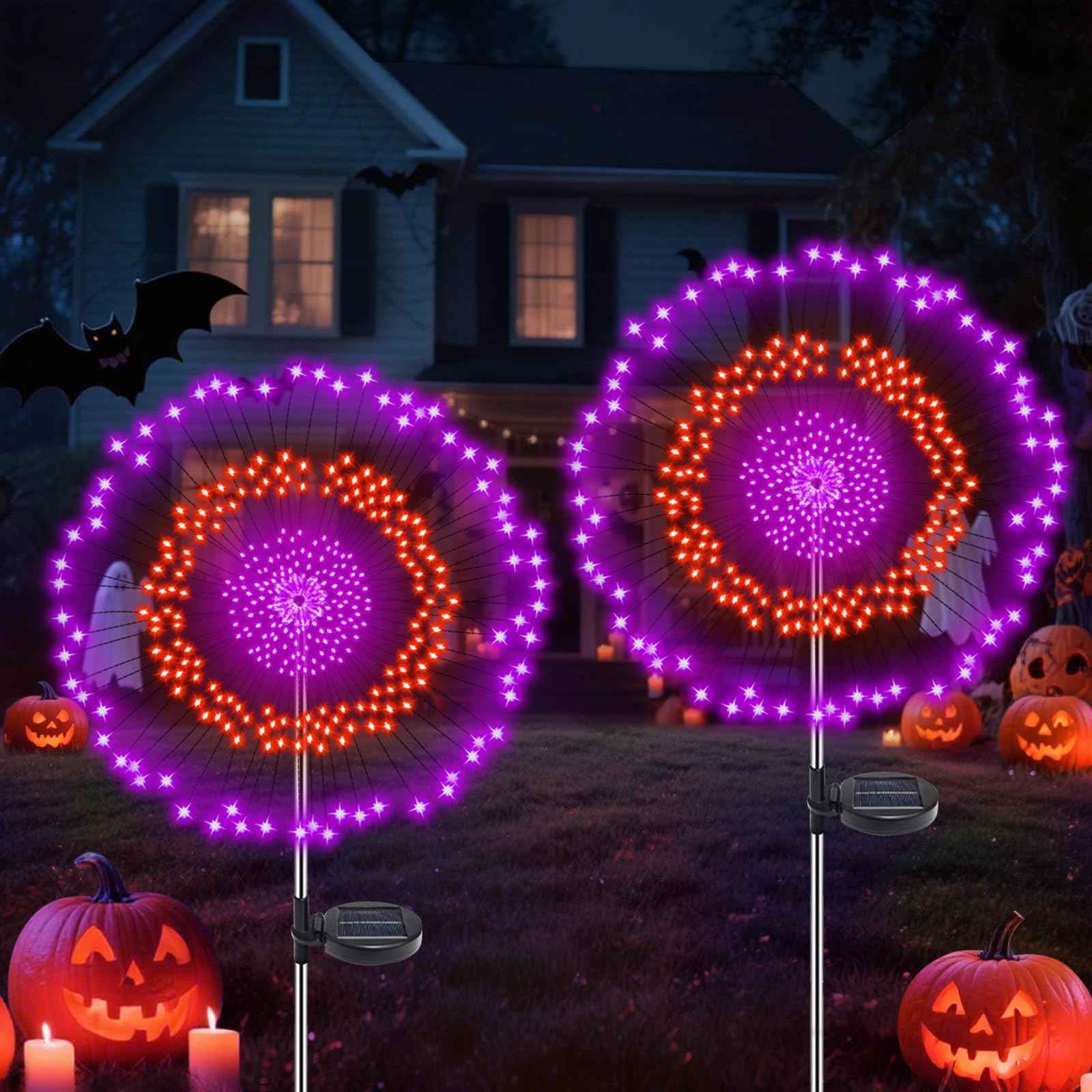 2 Pack Solar Halloween Lights Outdoor, 360 LED Orange & Purple Waterproof Solar Firework Lights with 8 Lighting Modes & Timer for Garden Yard Patio Pathway Spooky Outside Halloween Decorations