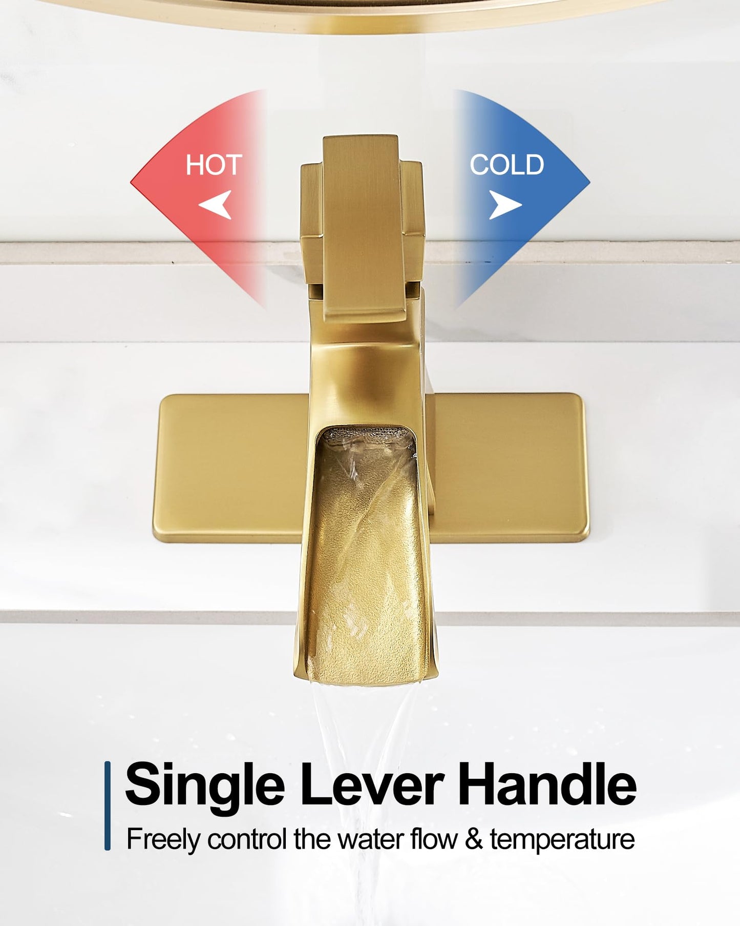 HOIGY Brass Waterfall Faucet, Brushed Gold Bathroom Faucet, Single Handle for One Hole or 3 Holes 4 Inch with Pop-Up Drain, Pre-Installed Supply Hoses and Deck Plate for Vanity RV Farmhouse Modern