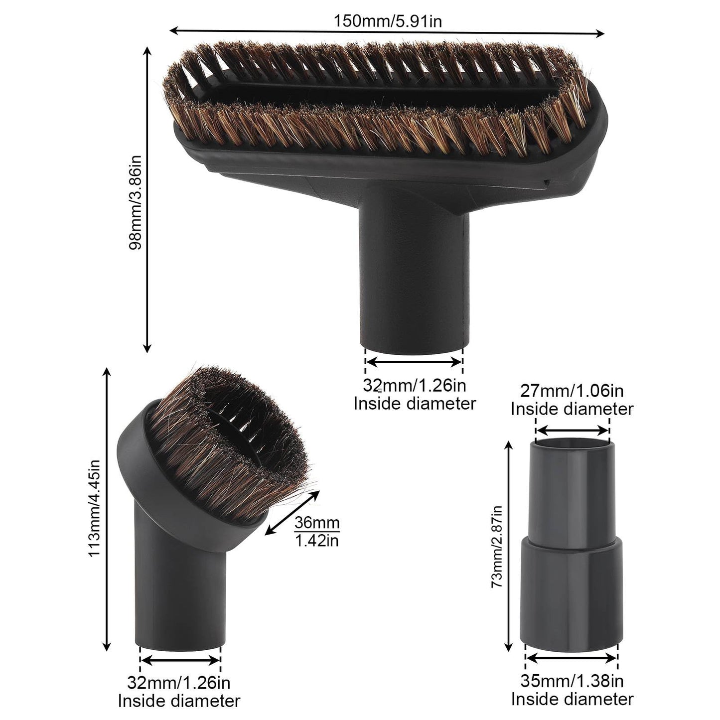 Vacuum Brushes 1.26inch Horse Hair Vacuum Attachment, 5.9inch Vacuum Floor Brushes Vacuum Cleaner Round Brushes with 1.06inch to 1.37inch Adapter, Vacuum Head Brush Replacement for Household Cleaning