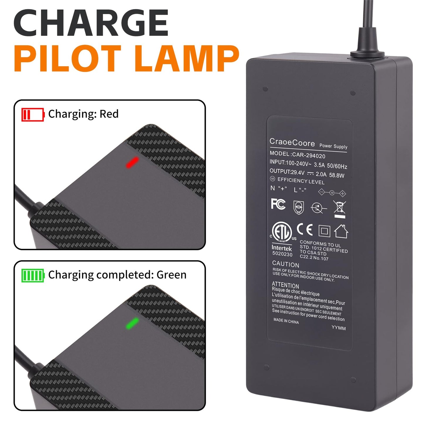 CraogeCoore 29.4V 2A Lithium Battery Charger, 5-in-1 Universal Plug Smart Charger for 24V 25.2V 25.6V 7S Lithium Battery Packs, Compatible with E-Scooters and Electric Devices, UL FCC CE Certified