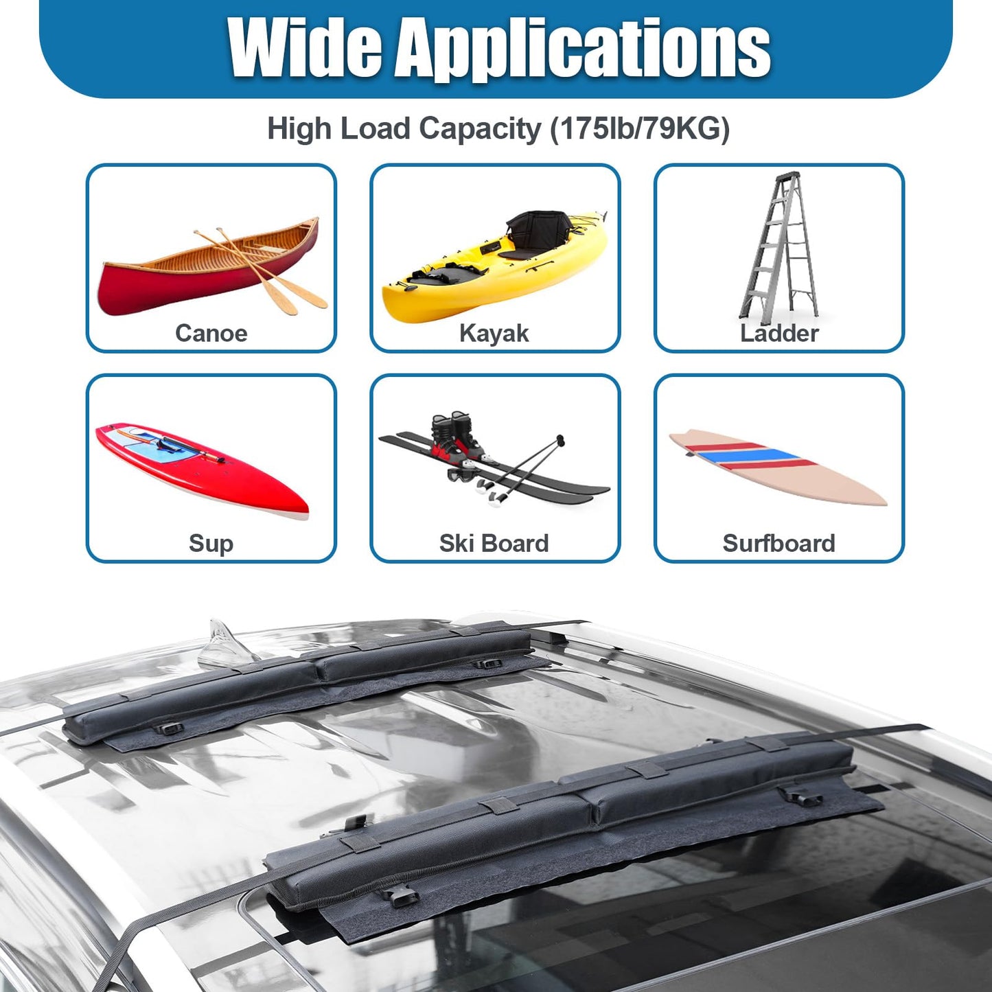 ChimimeDecor Universal Soft Roof Rack Pads 30“ Luggage Carrier System for Kayak,Surfboard, SUP, Canoe, Snowboard with 2 Tie Down Straps, 2 Tie Down Ropes, 2 Hood Loops and Storage Bag(Black)