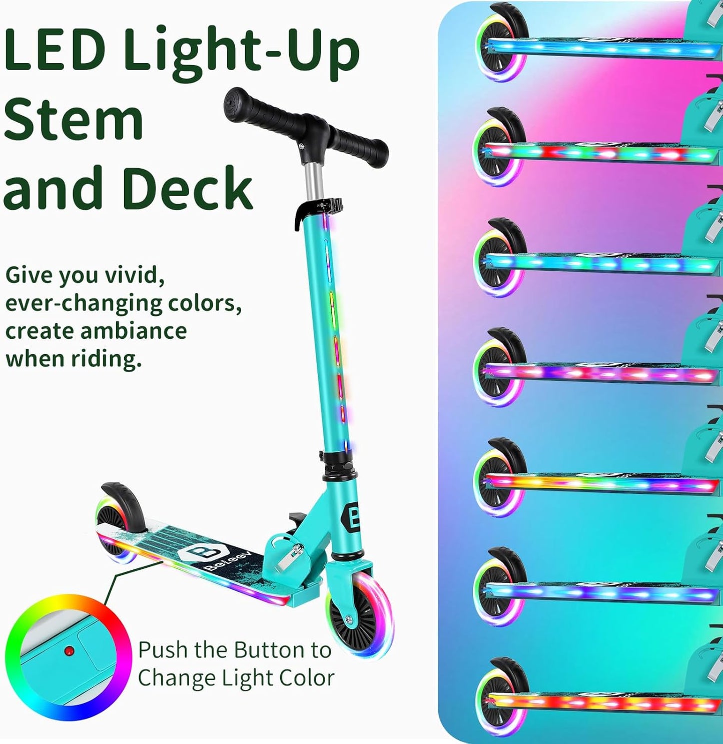 BELEEV V2 Kids Scooter - Light-Up Wheels & Adjustable Height, Foldable Design for Ages 3-12