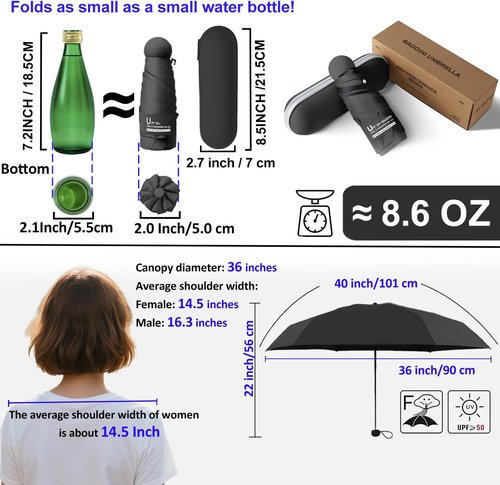 BAODINI Mini Travel Umbrella - Compact UV Sun Protection | Lightweight & Portable for Purse or Backpack