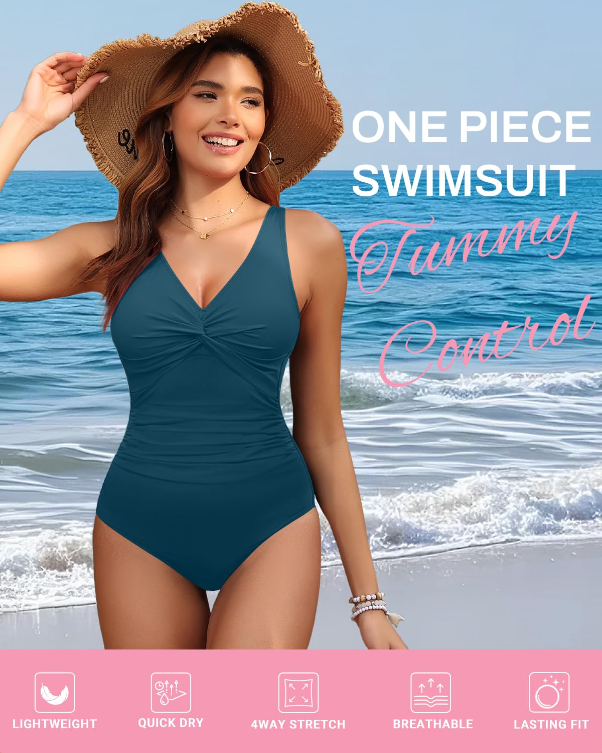 Green Tummy Control One Piece Swimsuit Full Coverage Bathing Suit L