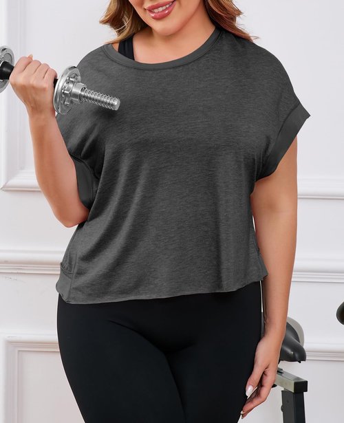 Fisoew Womens Plus Size Open Back Workout Tops Backless Short Sleeve Athletic Shirt Running Crop Top Gym Yoga T-Shirt Dark Grey