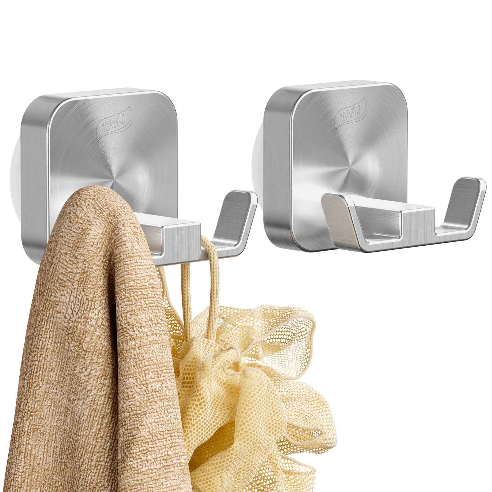 TAILI Stylish 304 Stainless Steel Bathroom Suction Hooks for Towel, Bathrobe, Loofah, No Damage Hanging Glass Shower Wall Hook, Patented Strong Suction Cup Holder, Hold Up to 11 Lbs, U-Cuboid Silver