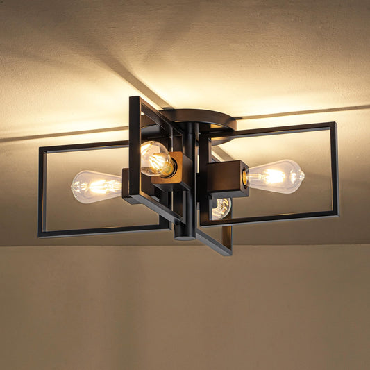 fengkeDU Industrial Ceiling Light Black 4 Light Semi Flush Mount Lights Wood Sputnik Light Fixture 24" Farmhouse Ceiling Light for Kitchen Bedroom Bathroom Foyer Hallway(E26