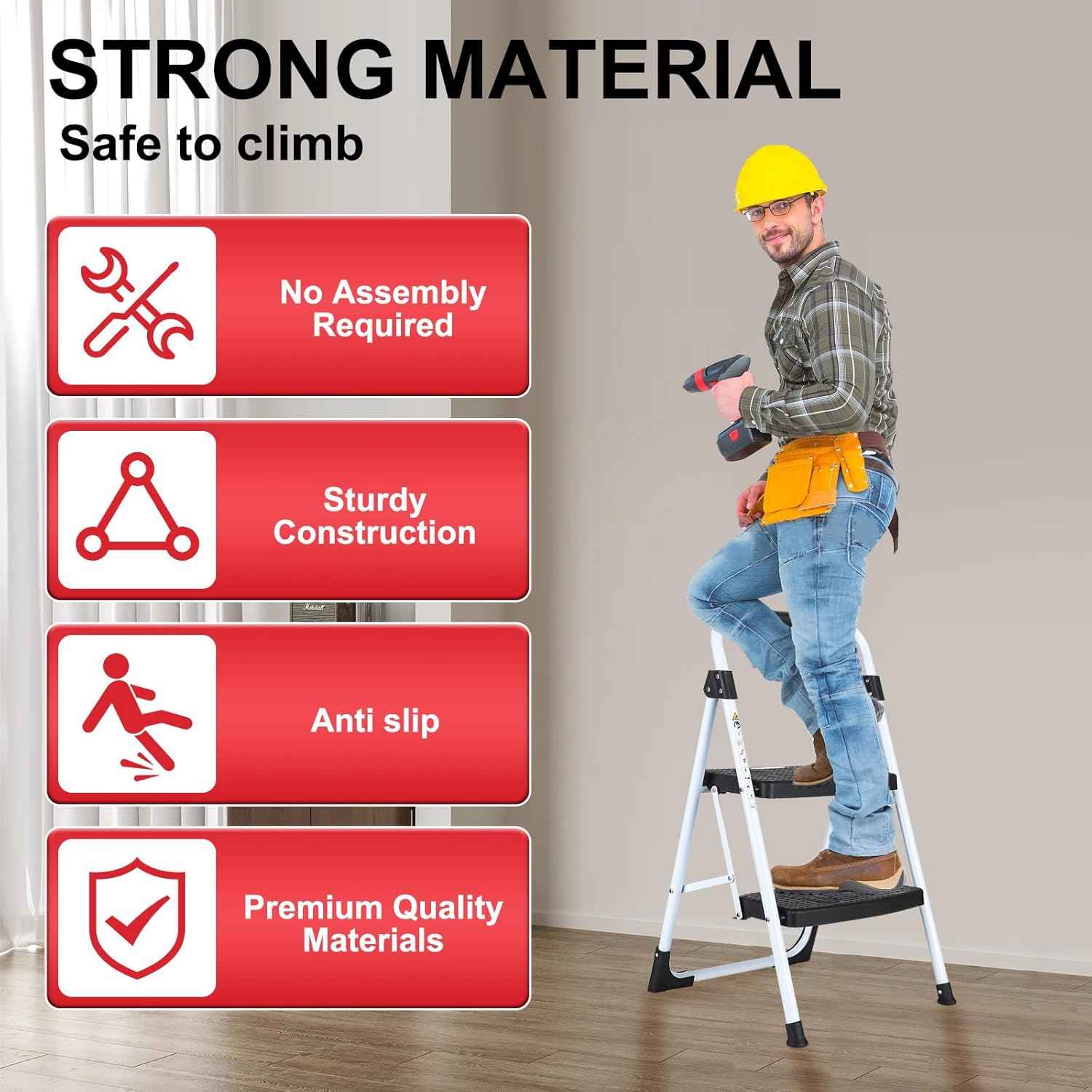 Portable 3-Step Folding Ladder - Sturdy Steel Step Stool with Anti-Slip Pedal & Handgrip, 500lbs Capacity for Home & Office