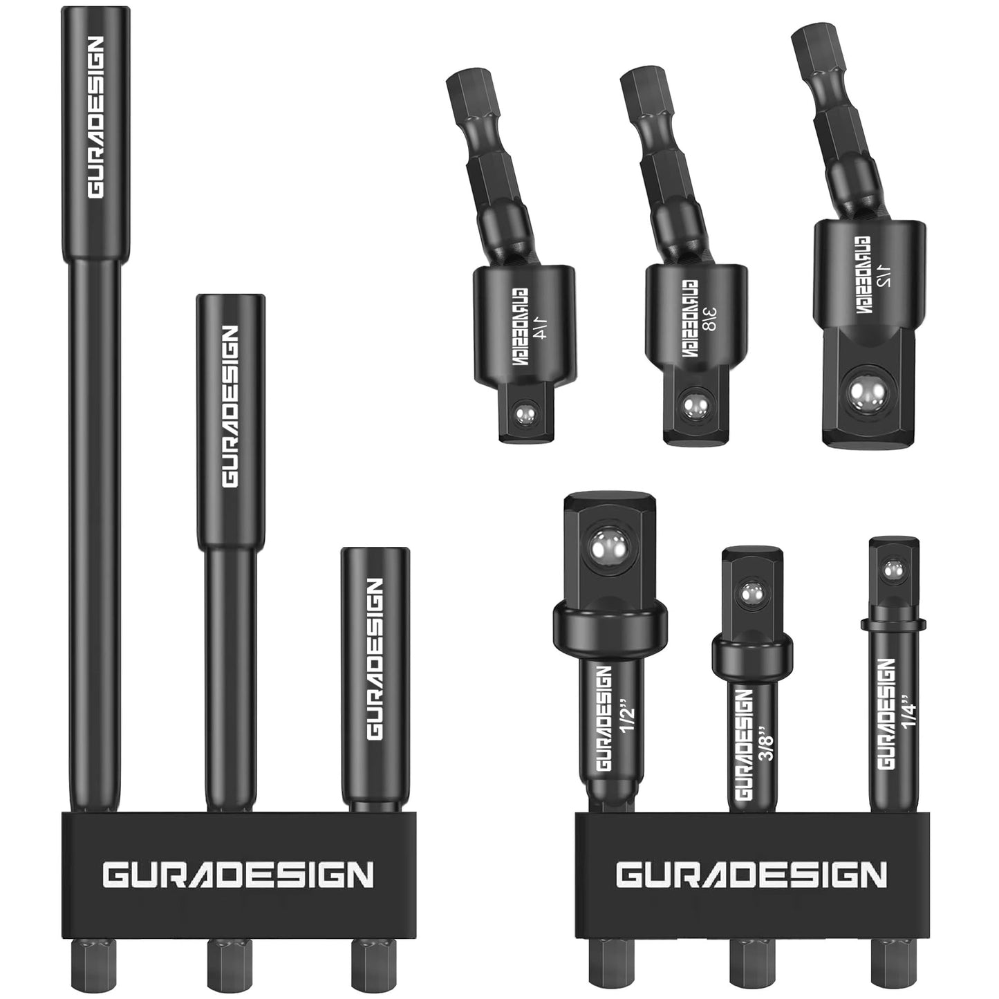GURADESIGN 9-Piece Impact Drill Socket Adapter Set and Universal Joints Socket Set 1/4" 3/8" and 1/2" Driver Socket Adapter, Power Drill Bit Extension, Magnetic Screwdriver Bit Holder