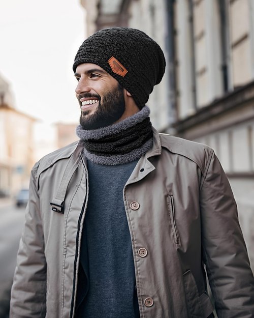 Senker Fashion Winter Hats Scarf and Gloves Set for Men Women, Slouchy Beanie Cap Neck Warmer Screen Touch Gloves Gifts Black