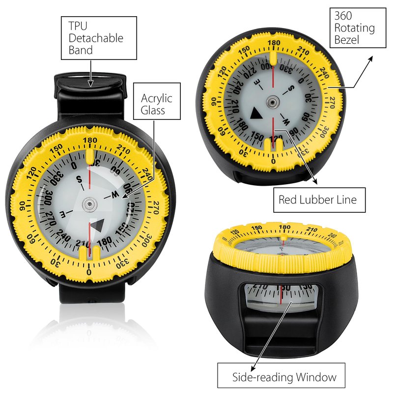 Scuba Compass, Professional Waterproof 5ATM Dive Wrist Compass with TPU Band for Outdoor Sports Diving, Sailing, Hiking, Survival Emergency (Yellow)